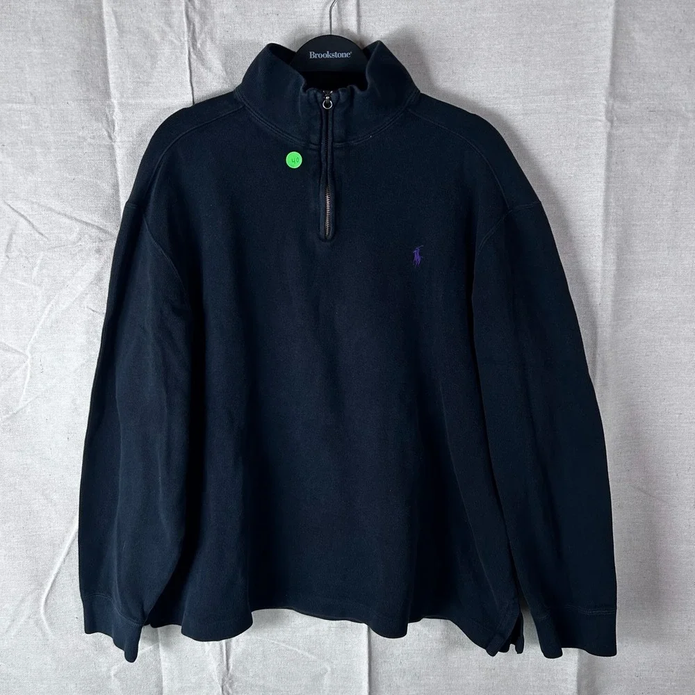 Polo Ralph Lauren Mens XL Black 1/4 Zip Pullover Cotton Sweater Purple Pony Logo
